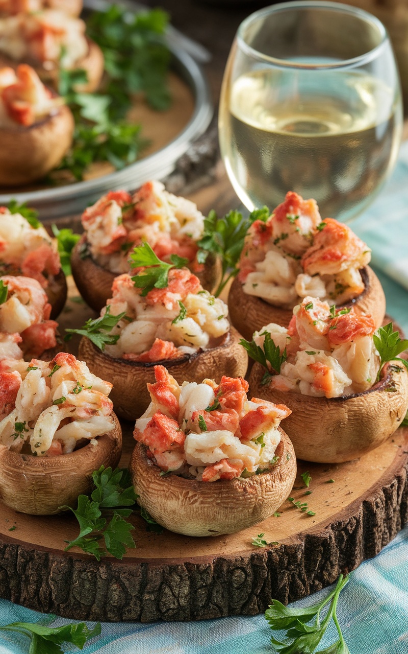 Irresistible Stuffed Mushroom Recipes with Crab Meat Stuffed mushrooms with crab meat on a platter, garnished with parsley and served with wine.